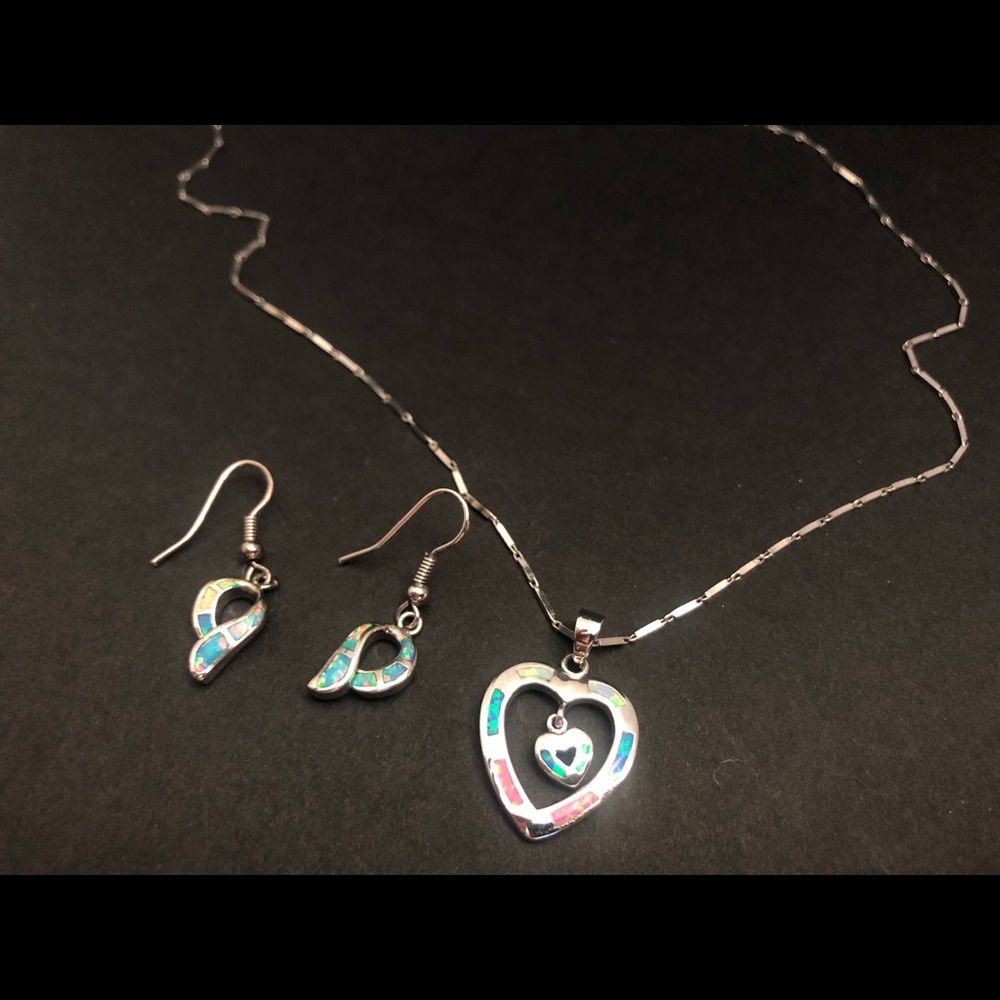 Opal Heart Sterling Silver Blue Inlay Necklace